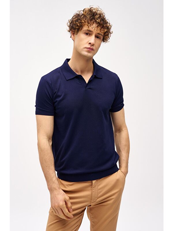 igs Lacivert Slim Fit Dar Kalıp Polo Yaka Düz Kısa Kollu Triko Tişört