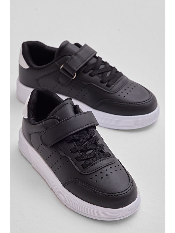 TONNY BLACK Çocuk Unisex Siyah Beyaz Faylon Hafif Taban Bağcıklı Günlük Spor Ayakkabı
