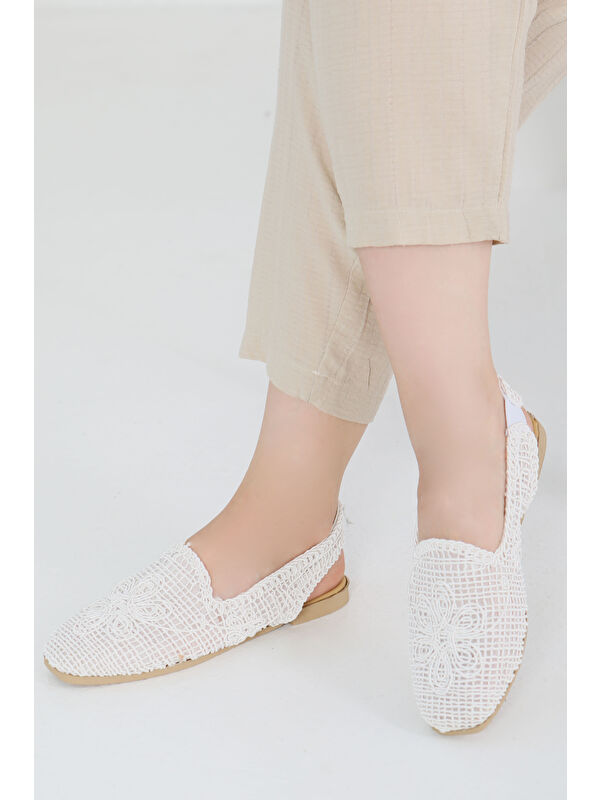 Kadın Beyaz Nakış Hasırlı Sandalet - 27482 - Görsel 3