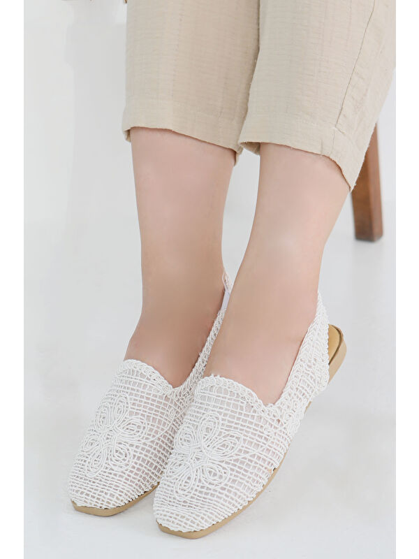 Kadın Beyaz Nakış Hasırlı Sandalet - 27482 - Görsel 4