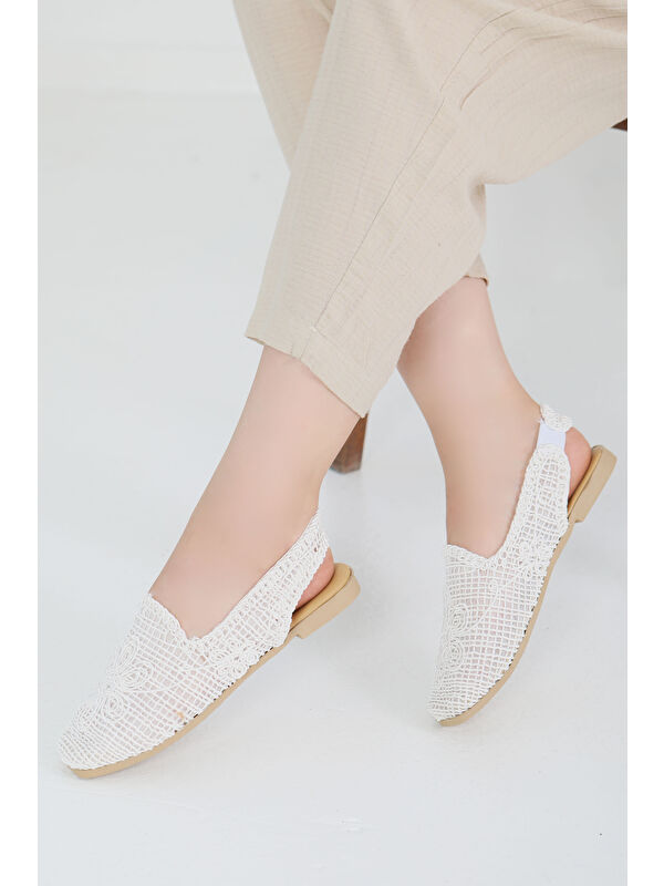 Kadın Beyaz Nakış Hasırlı Sandalet - 27482 - Görsel 5