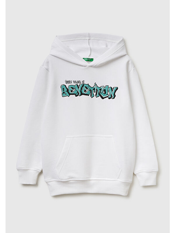 United Colors Of Benetton Erkek Çocuk Beyaz Önü Logo Baskılı Kanguru Cepli Kapüşonlu Sweatshirt