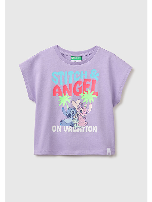 United Colors Of Benetton Kız Bebek Lila Lilo & Stitch Baskı Detaylı Bisiklet Yaka T-Shirt