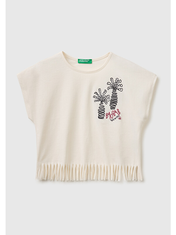 United Colors Of Benetton Kız Bebek Ekru Eteği Püskül Detaylı Kimono Kollu T-Shirt