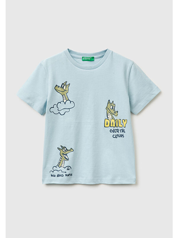 United Colors Of Benetton Erkek Çocuk Buz Mavisi Çok Renkli Baskılı Bisiklet Yaka T-Shirt