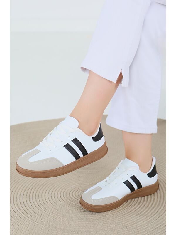 Kadın Beyaz Siyah Süet Detaylı Ayakkabı - 27480 - Görsel 5