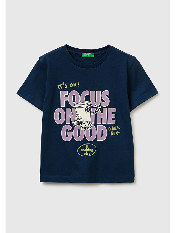 United Colors Of Benetton Erkek Çocuk Koyu Lacivert Çok Renkli Baskılı Bisiklet Yaka T-Shirt