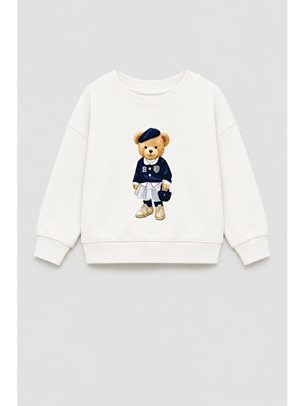 Monila Kız Çocuk 3 İplik Kumaş Pamuklu Ayıcık Baskılı Sweatshirt