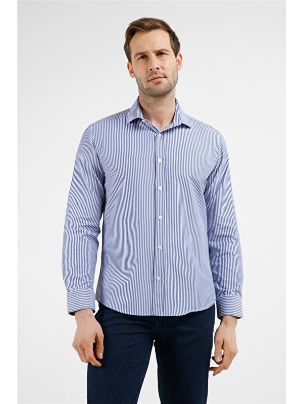 İMZA Lacivert - Beyaz Çizgili Desen İtalyan Yaka Uzun Kol Cepsiz Slim Fit Pamuklu Gömlek 1004255217