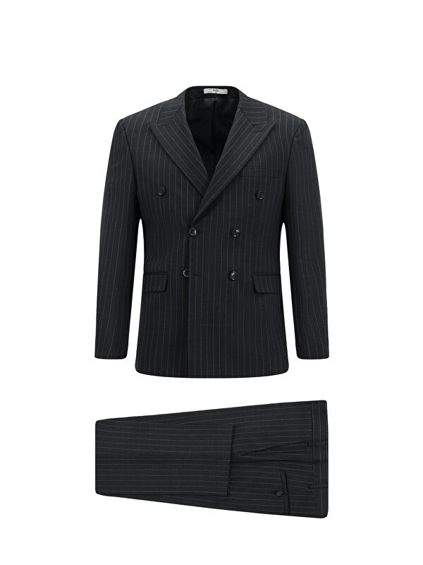 Kiğılı Slim Fit Dar Kesim Yünlü Çizgili Kruvaze Takım Elbise
