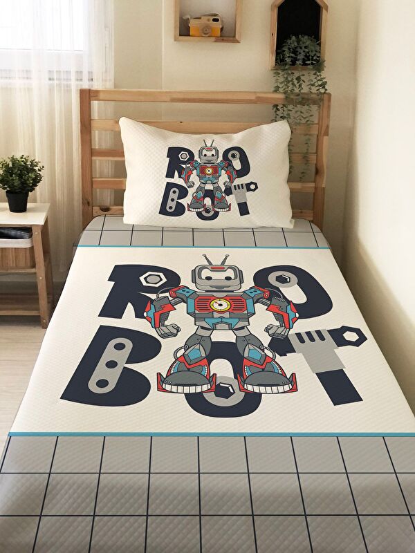 Evmila Robot Desenli Bebek Ve Çocuk Baskılı Tek Kişilik Pike Takımı 160 X 230 Cm