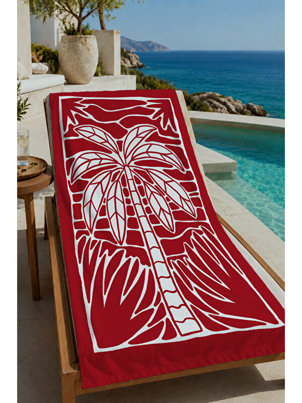 Milbay Grup Kırmızı Beyaz Blok Baskı Palmiye Desenli 70x150 cm Dijital Baskılı Plaj ve Banyo Havlusu