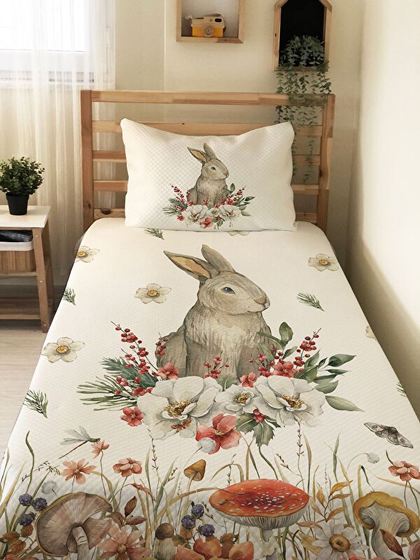 Evmila Tavşan Desenli Bebek Ve Çocuk Baskılı Tek Kişilik Pike Takımı 160 X 230 Cm