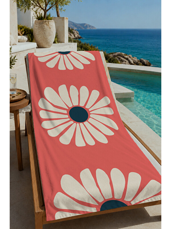 Milbay Grup Mercan Pembe Büyük Papatya Desenli 70x150 cm Dijital Baskılı Plaj ve Banyo Havlusu