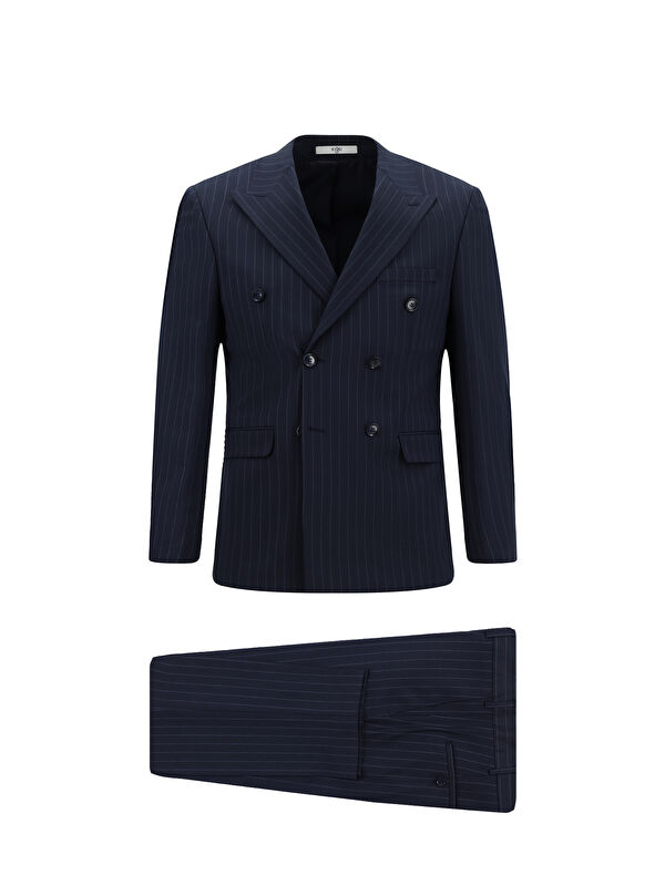 Kiğılı Slim Fit Dar Kesim Yünlü Çizgili Kruvaze Takım Elbise