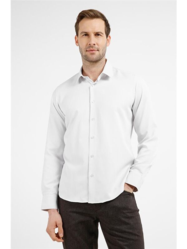 İMZA Bej-Beyaz  Sert Yaka Uzun Kol Cepsiz Slim Fit Pamuklu Gömlek 1004255214