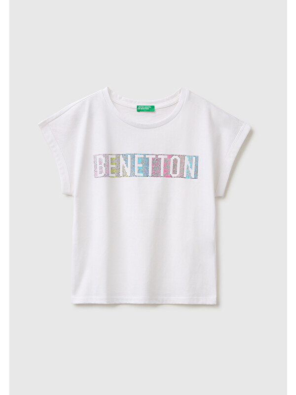 United Colors Of Benetton Kız Çocuk Beyaz Renkli Taş Detaylı Bisiklet Yaka T-Shirt
