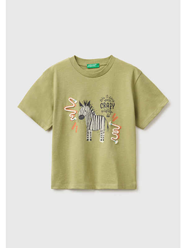 United Colors Of Benetton Erkek Bebek Haki Baskı ve Aplike Detaylı Bisiklet Yaka T-Shirt
