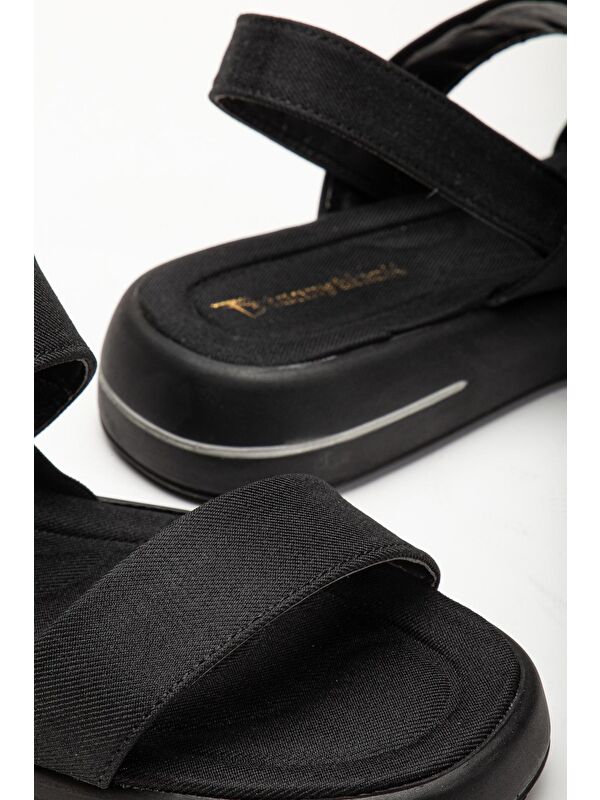 Kadın Siyah Keten Rahat Kalıp Poli Taban Çift Bantlı Sandalet - Görsel 4