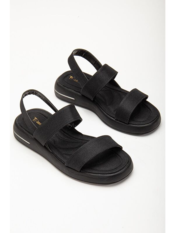 Kadın Siyah Keten Rahat Kalıp Poli Taban Çift Bantlı Sandalet - Görsel 5