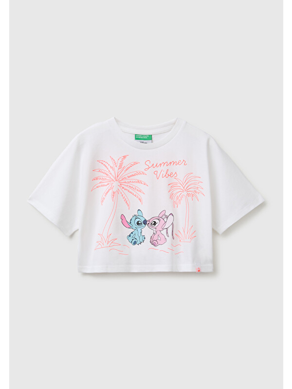 United Colors Of Benetton Kız Çocuk Beyaz Lilo & Stitch Baskı Detaylı Crop T-Shirt