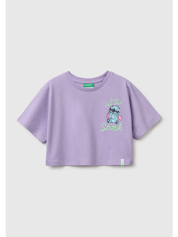 United Colors Of Benetton Kız Çocuk Lila Lilo & Stitch Baskı Detaylı Crop T-Shirt