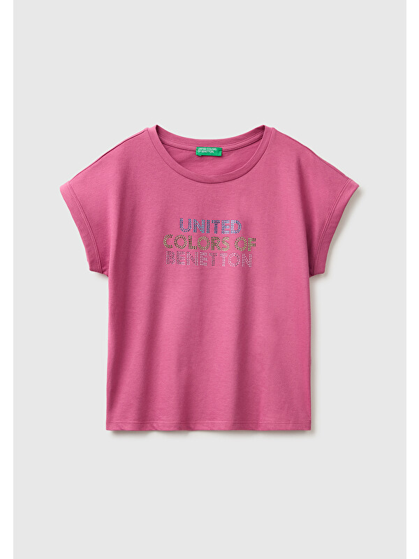 United Colors Of Benetton Kız Çocuk Gül Kurusu Renkli Taş Detaylı Bisiklet Yaka T-Shirt