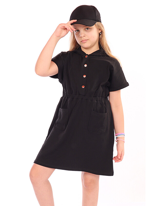 Toontoykids Kız Çocuk Beli Lastikli Önü Çıtçıtlı Kapüşonlu Elbise