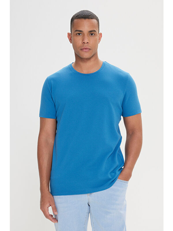 AC&Co / Altınyıldız Classics Erkek İndigo Slim Fit Dar Kesim Bisiklet Yaka Kısa Kollu Yumuşak Tuşeli Basic Tişört