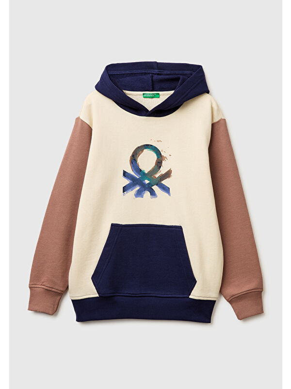United Colors Of Benetton Erkek Çocuk Bej Mix Önü Logo Baskılı Kanguru Cepli Kapüşonlu Sweatshirt