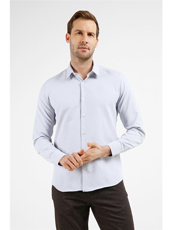 İMZA Gri Kendinden Desenli Sert Yaka Uzun Kol Cepsiz Slim Fit Pamuklu Gömlek 1004255283