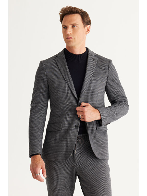 Altınyıldız Classics Erkek Lacivert-Gri Slim Fit Dar Kesim Mono Yaka Desenli Takım Elbise