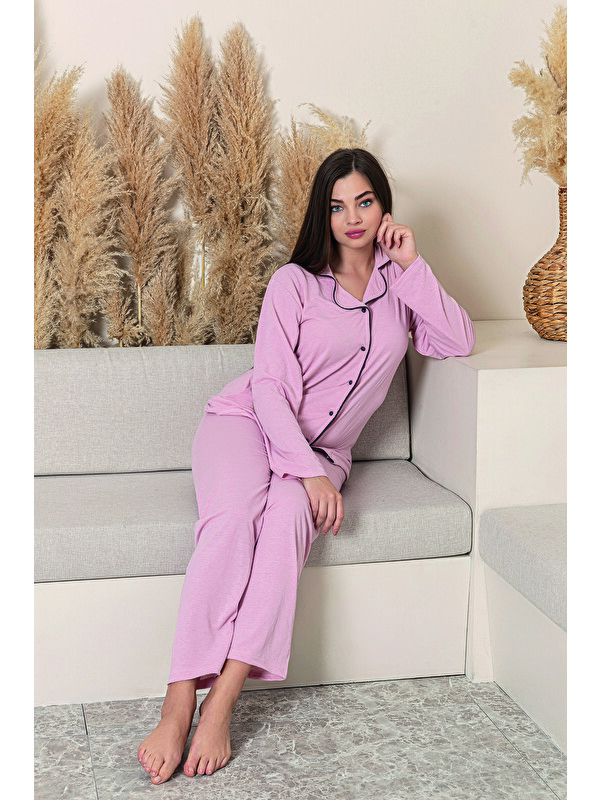 Line Smart Kadın %100 Organik Pamuk Doğal Gömlek Yaka Düğmeli Uzun Kollu Biyeli Pijama Takımı