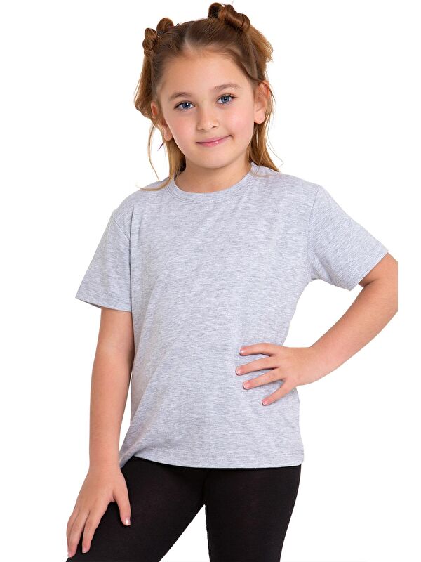 Zepkids Bisiklet Yaka Kısa Kol Baskısız Gri Melanj Renk Kız Çocuk Tshirt