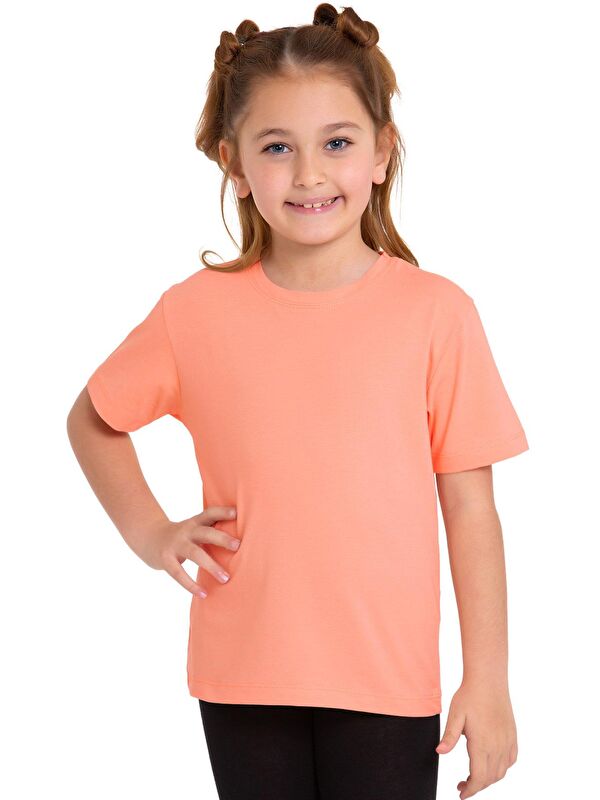 Zepkids Bisiklet Yaka Kısa Kol Baskısız Somon Renk Kız Çocuk Tshirt