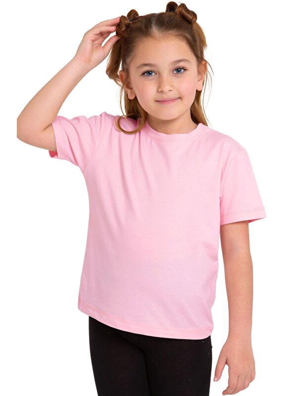 Zepkids Bisiklet Yaka Kısa Kol Baskısız Pembe Renk Kız Çocuk Tshirt