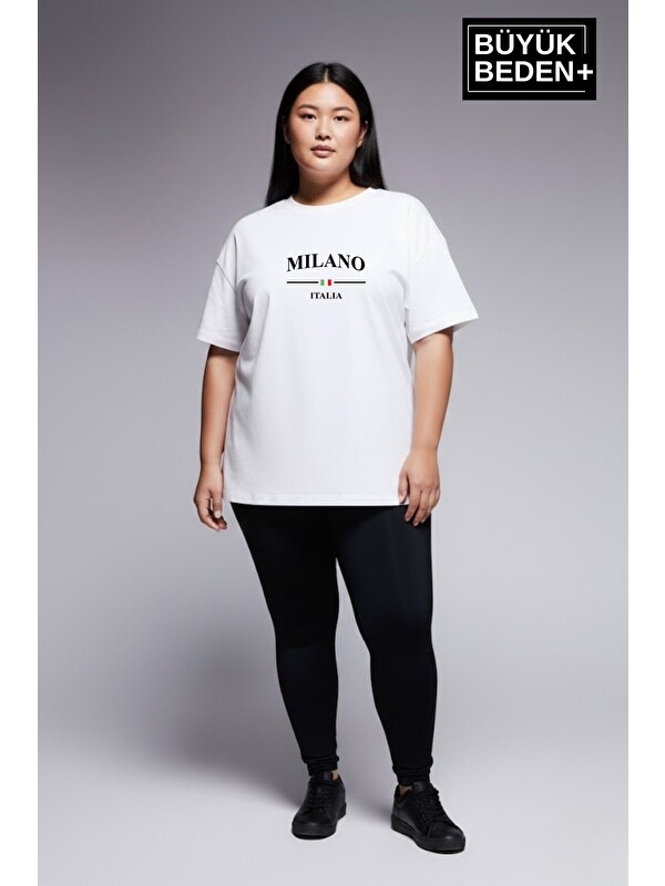 Süperlife Kadın Büyük Beden Milano İtalia Baskılı 3xl-6xl Bisiklet Yaka Tshırt SPR25BTSK510-09