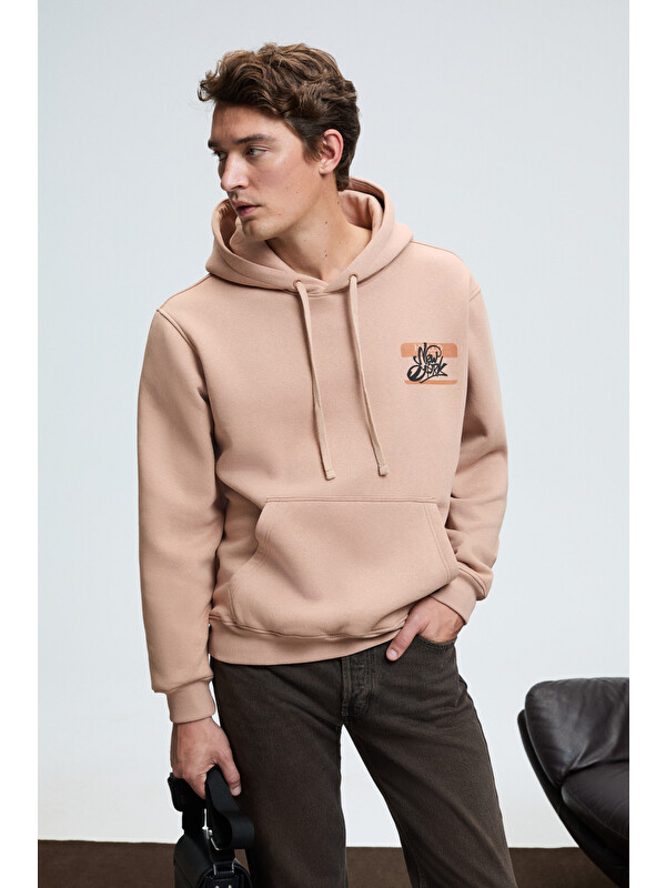 GRIMELANGE LELAND Erkek Kapüşonlu Kanguru Cepli Göğsü Nakışlı Regular Fit VİZON Sweatshirt