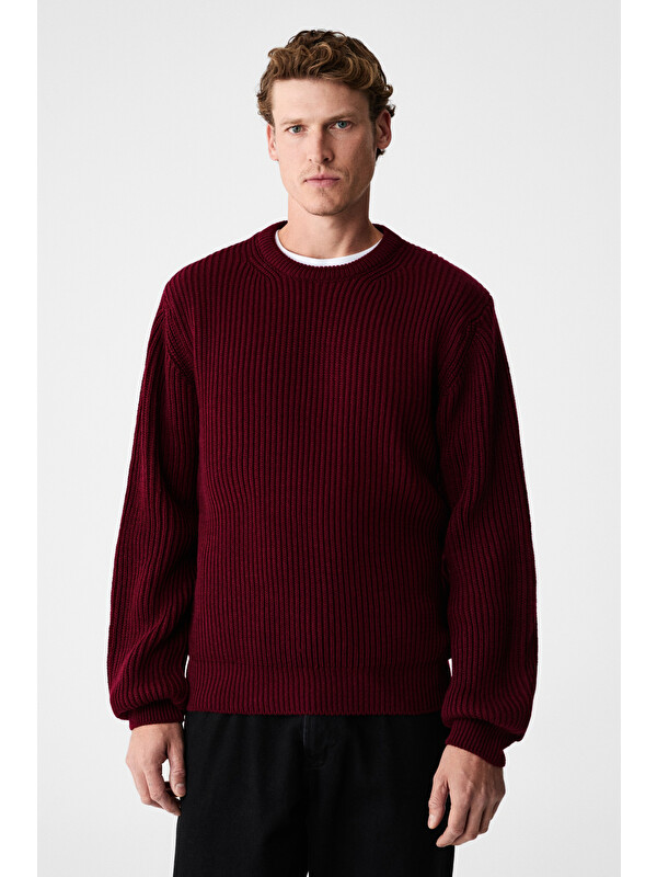 GRIMELANGE CABLIN Erkek Yuvarlak Yaka Regular Fit Triko BORDO Kazak