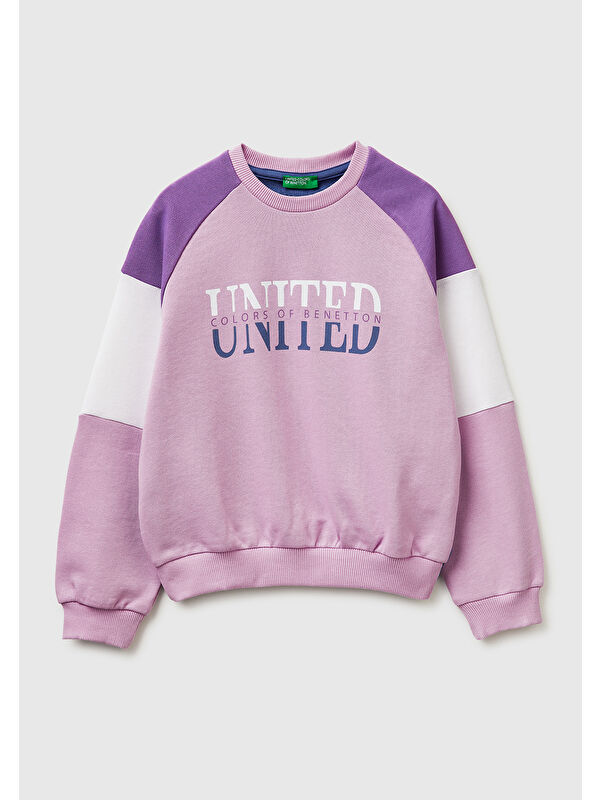 United Colors Of Benetton Kız Çocuk Pembe Renkli Baskılı Kontrast Detaylı Logolu Bisiklet Yaka Sweatshirt