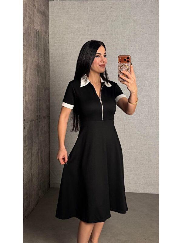 Jane's Kadın Polo Yaka Fermuar Detaylı Modal Midi Elbise