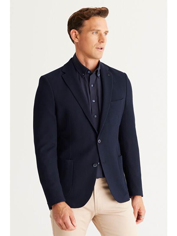 Altınyıldız Classics Erkek Lacivert  Dar Kesim Mono Yaka Desenli Blazer Ceket