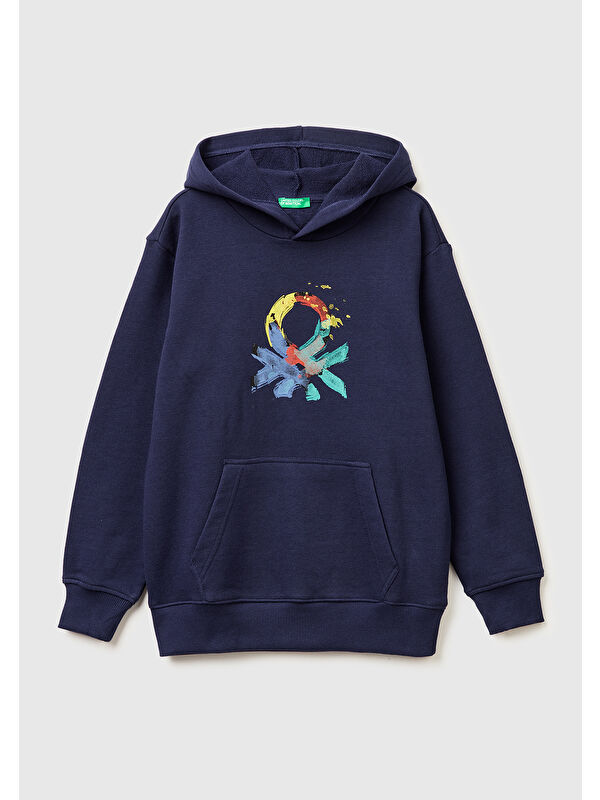United Colors Of Benetton Erkek Çocuk Lacivert Önü Logo Baskılı Kanguru Cepli Kapüşonlu Sweatshirt