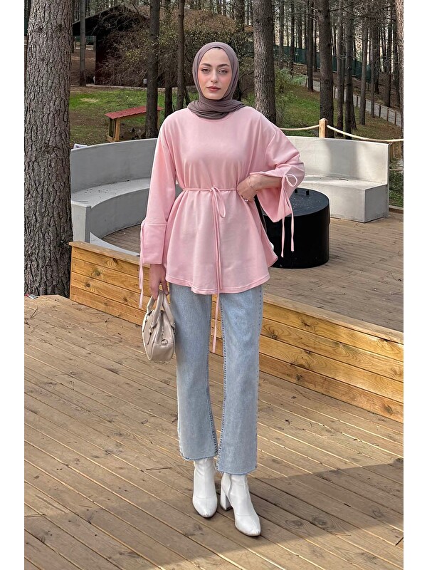 Lamelif Yırtmaç Detaylı Sweat Pudra