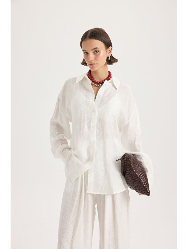 Mai Collection Yovena Düğme Detay Ekru Oversize Gömlek