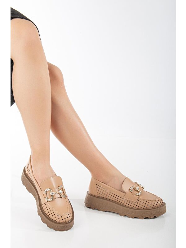 Kadın Nude Yanı Şerit Detaylı Önü Taşlı Tokalı Kalın Poli Taban Loafer - Görsel 3