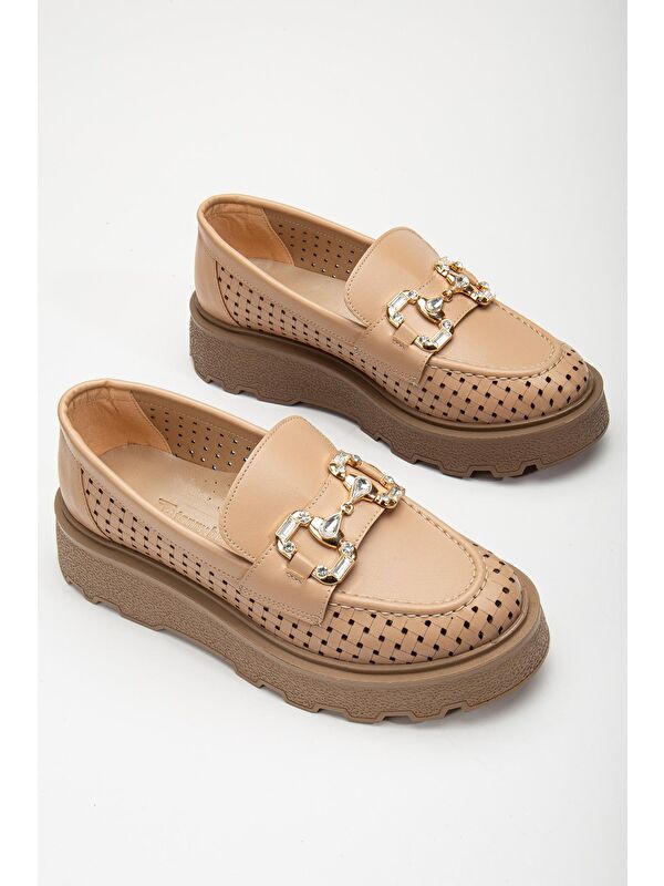 Kadın Nude Yanı Şerit Detaylı Önü Taşlı Tokalı Kalın Poli Taban Loafer - Görsel 5