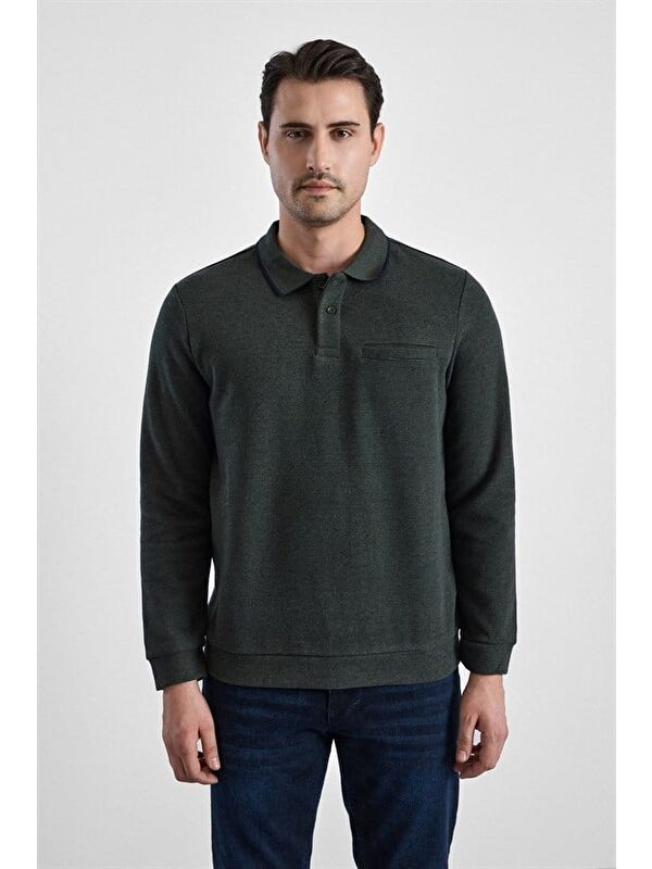 Süvari Haki Regular Düz Baskısız Selanik Düğmeli Polo Yaka Torba Cep Trikolu Standart Sweatshirt