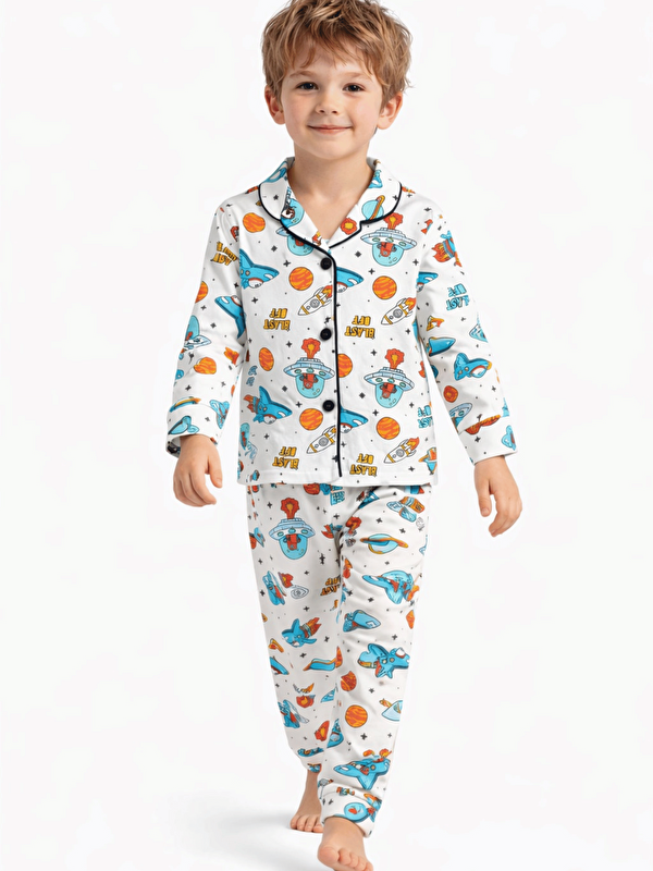 Luggi Baby Uzay Desenli Düğmeli Erkek Çocuk Pijama Takımı