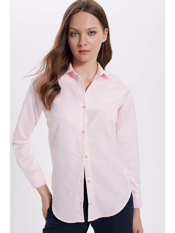 TUDORS Kadın Slim Fit Dar Kesim Vücuda Oturan Uzun Kollu Pembe Basic Gömlek